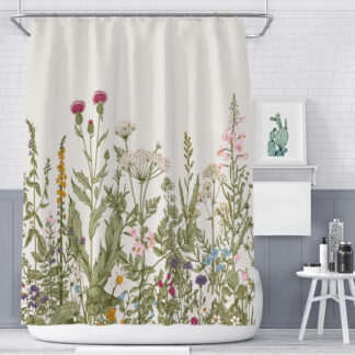 Botanical Floral & Leaf Print Shower Curtain, Waterproof Polyester Bathroom Curtain