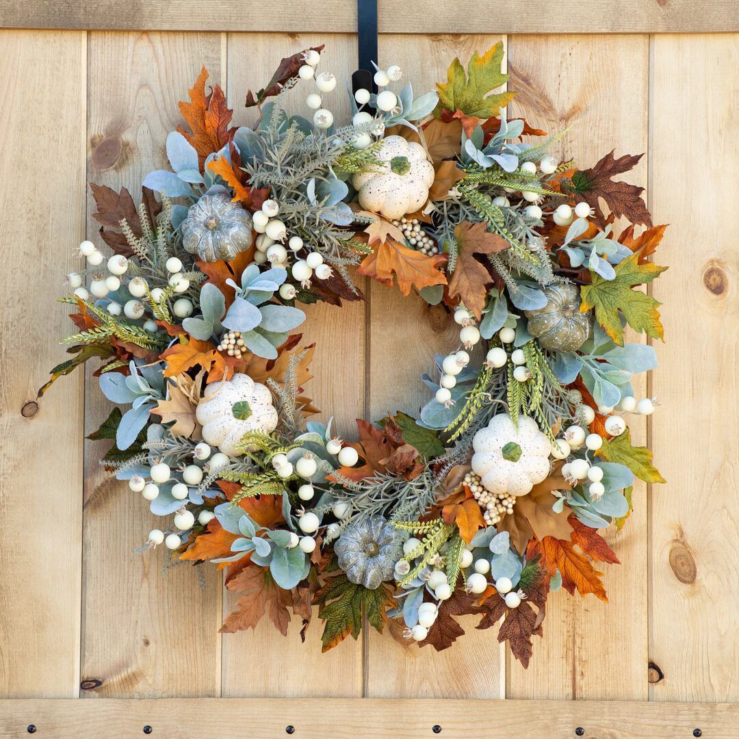 Fall Pumpkin Wreath, Autumn Leaf & Berry Front Door Decor - Image 4