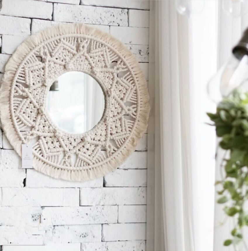 Round Macrame Wall Mirror, Boho Hand-Woven Cotton Rope Fringe Decorative Mirror for Bedroom & Entryway - Image 6