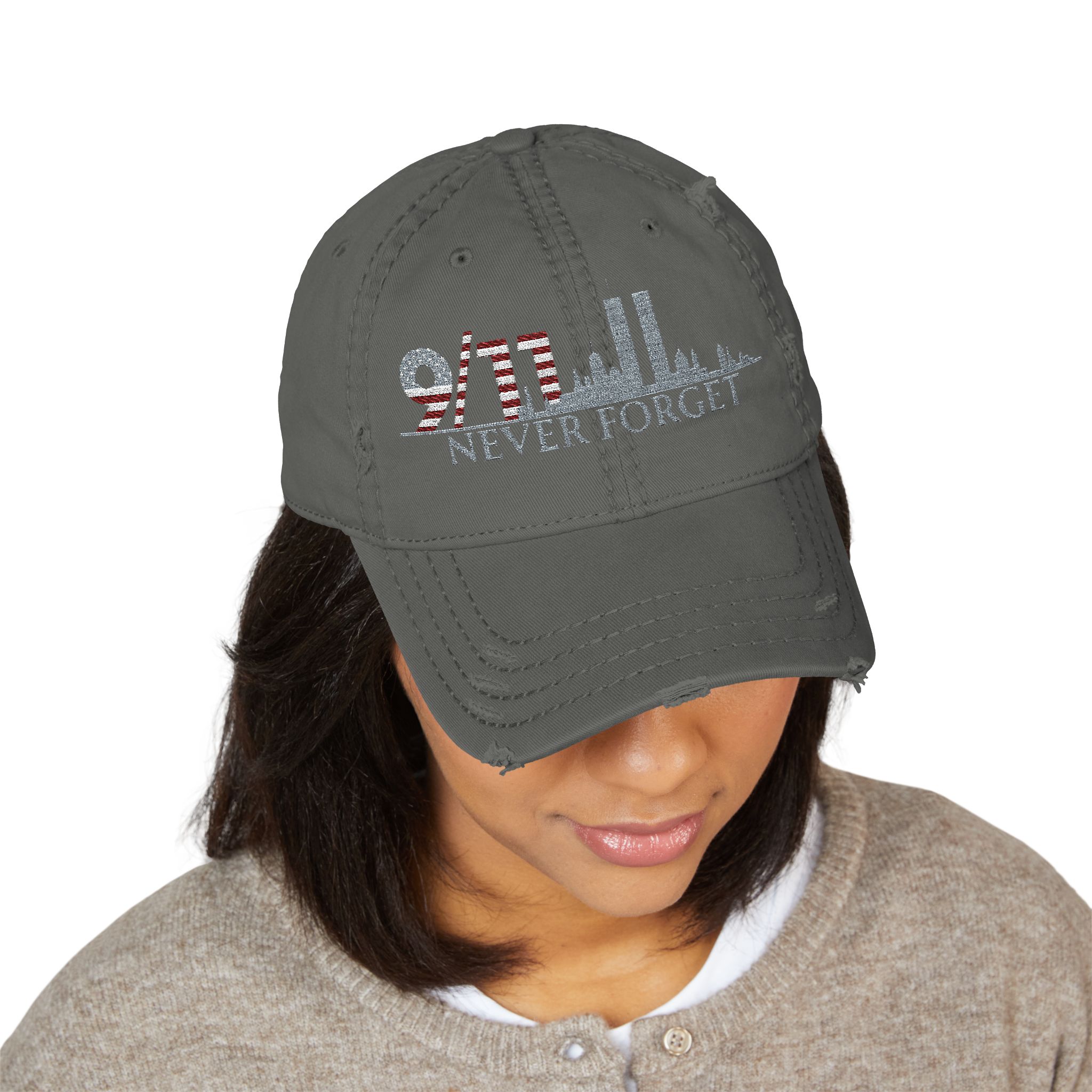 9/11 Never Forget Memorial Remembrance Hat, Distressed Embroidered Cap - Image 3