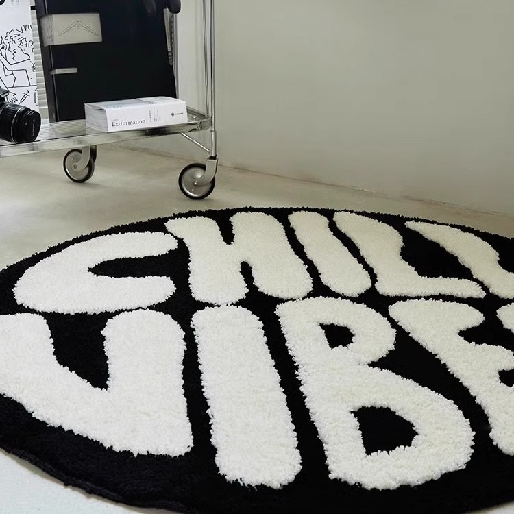 Round "Chill Vibes" Plush Accent Rug, Black and White Bedside Mat - Image 7