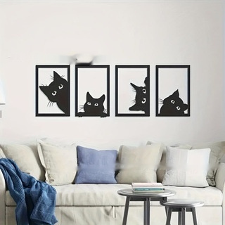 Black Cat Metal Wall Art Set, 4-Piece Framed Cat Silhouette Decor
