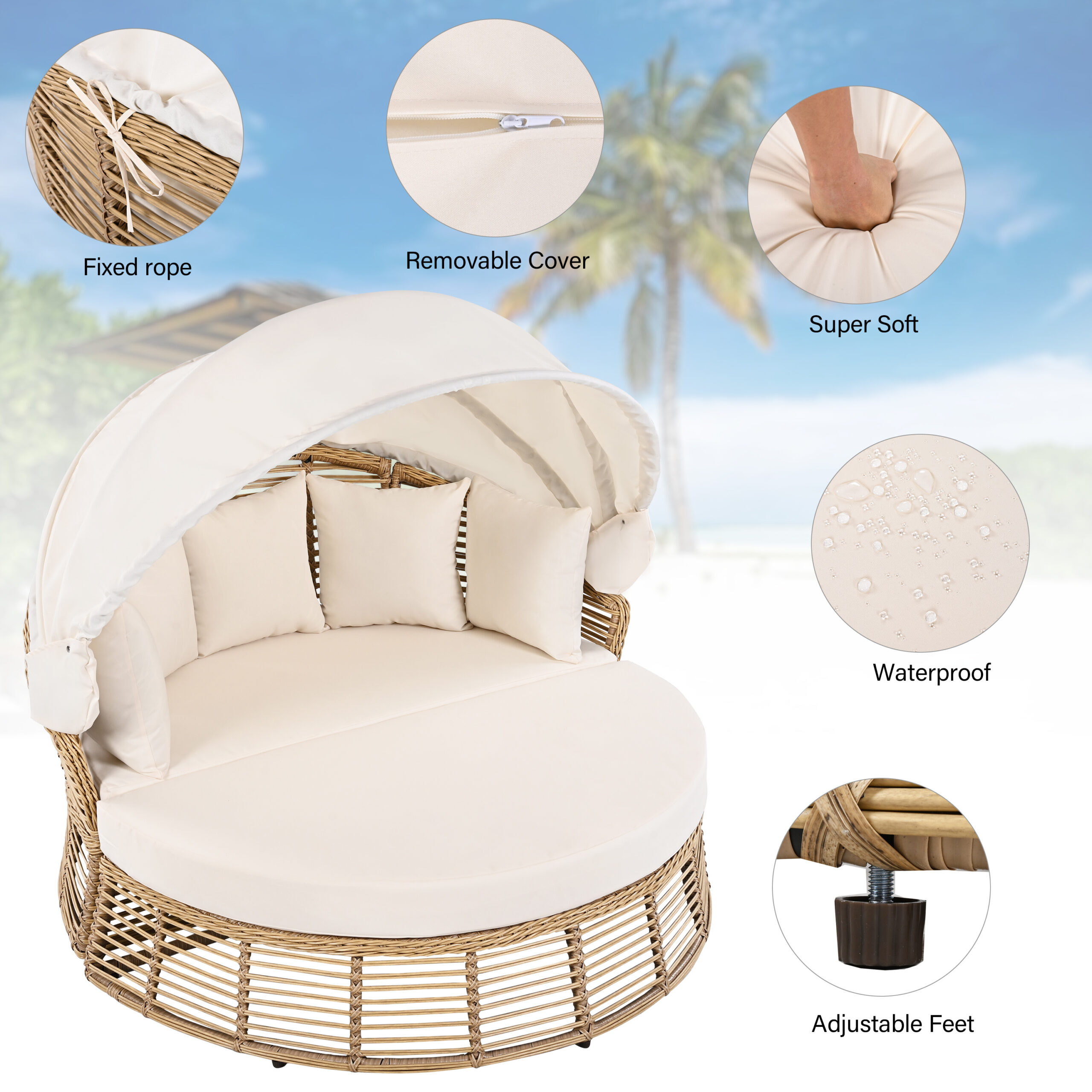 Round Rattan Patio Daybed with Retractable Canopy, Beige - Image 5