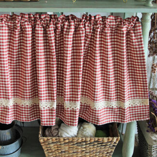 Gingham Plaid Cafe Curtain with Lace Trim, Cotton Kitchen Window Valance