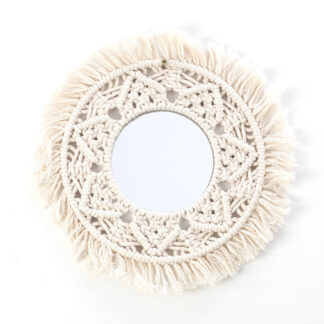 Round Macrame Wall Mirror, Boho Hand-Woven Cotton Rope Fringe Decorative Mirror for Bedroom & Entryway