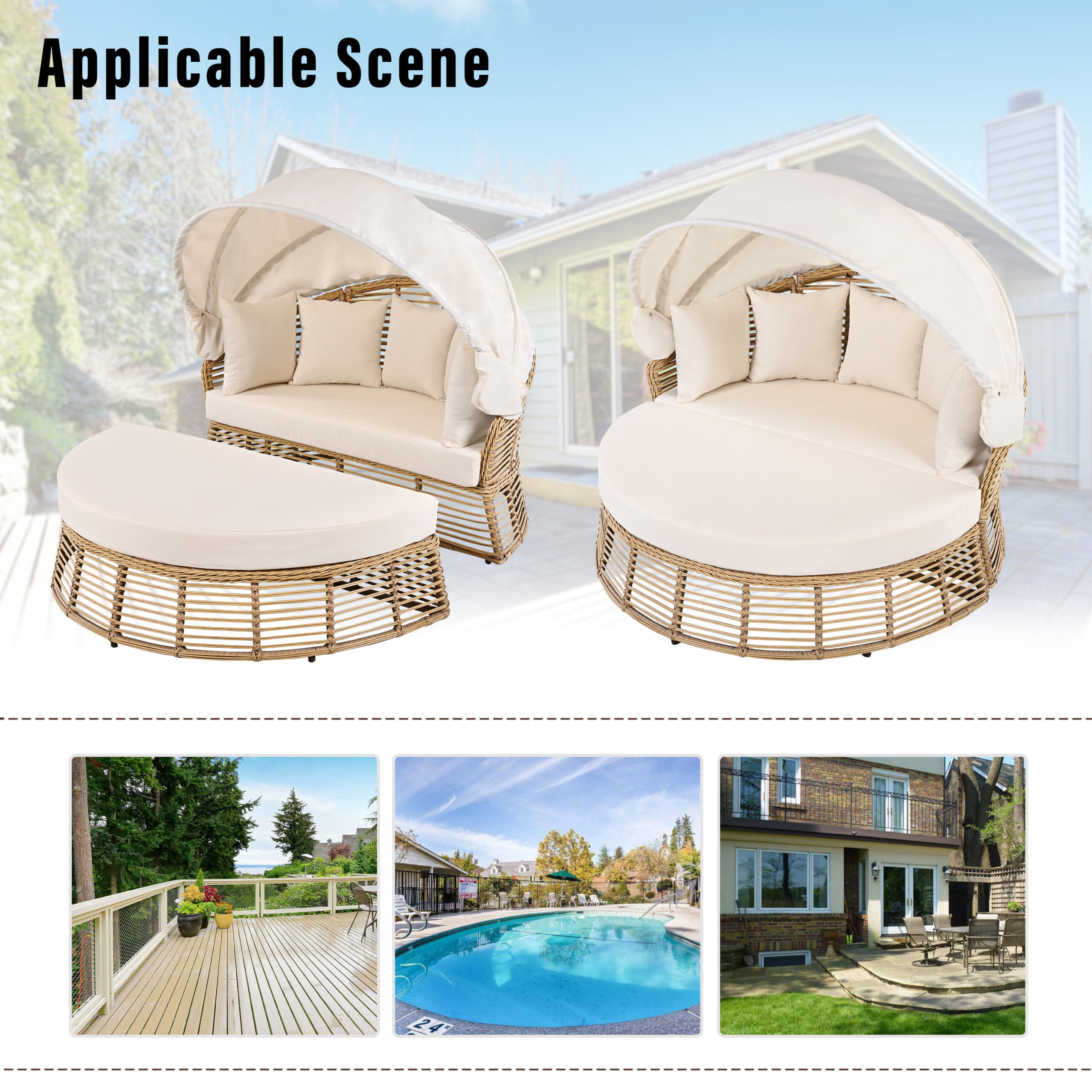 Round Rattan Patio Daybed with Retractable Canopy, Beige - Image 2