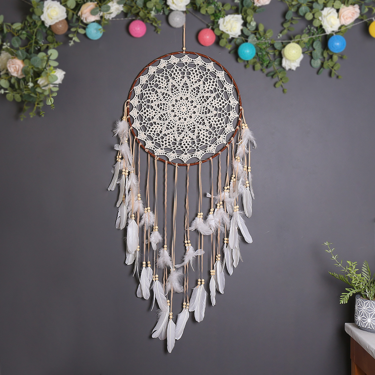 Boho Macrame Dreamcatcher Wall Hanging, Feather & Bead Room Decor - Image 4