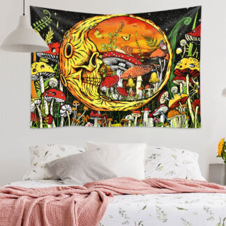Skull & Mushroom Forest Tapestry, Gothic Moon Wall Hanging Decor