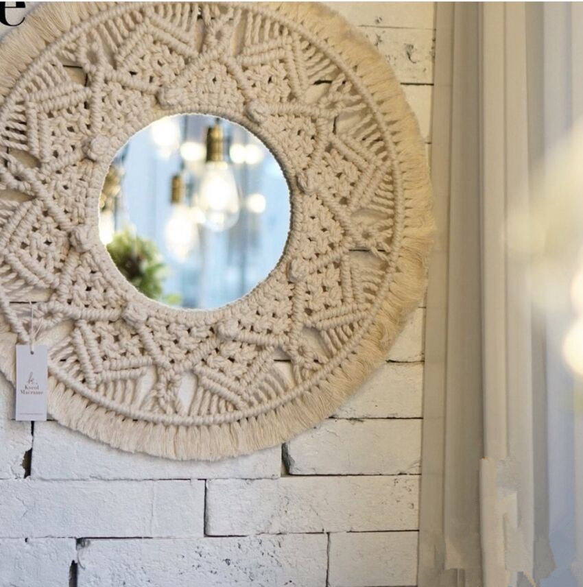 Round Macrame Wall Mirror, Boho Hand-Woven Cotton Rope Fringe Decorative Mirror for Bedroom & Entryway - Image 3