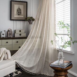 Translucent Crochet Lace Curtain, American Country Hollow-Out Window Panel for Living Room & Bedroom