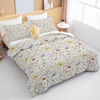 Mushroom Print Comforter Set, 3-Piece Twin Size Soft Bedding Set for Bedroom Decor