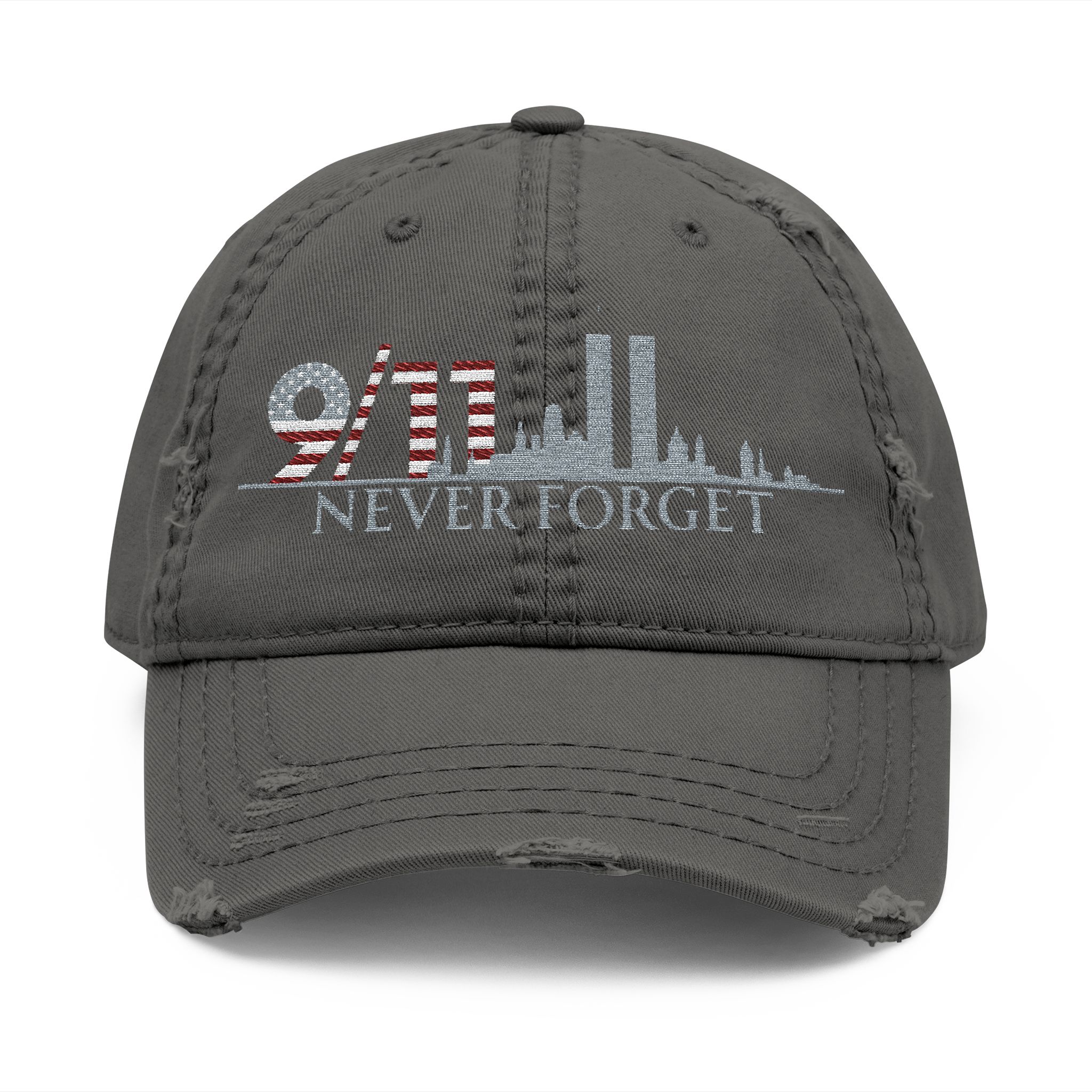 9/11 Never Forget Memorial Remembrance Hat, Distressed Embroidered Cap