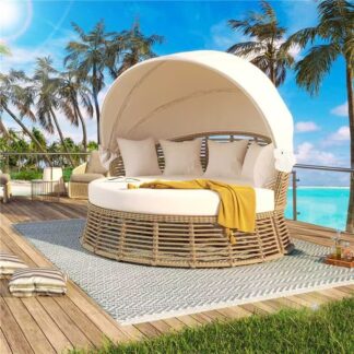 Round Rattan Patio Daybed with Retractable Canopy, Beige