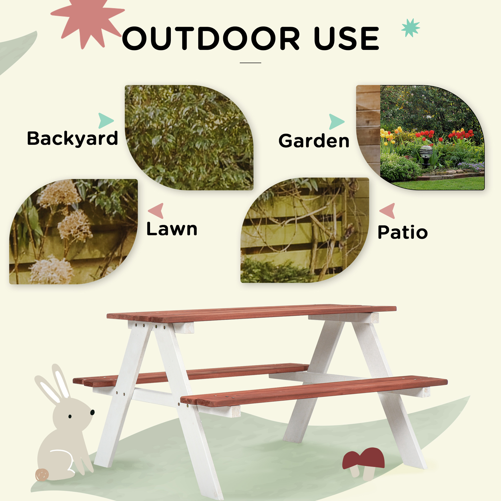 Kids Picnic Table Set, Wooden Table & Bench Set, Kids Patio Furniture Outdoor Toys For Garden, Backyard, Aged 3-8 Years Old, Brown - Image 4
