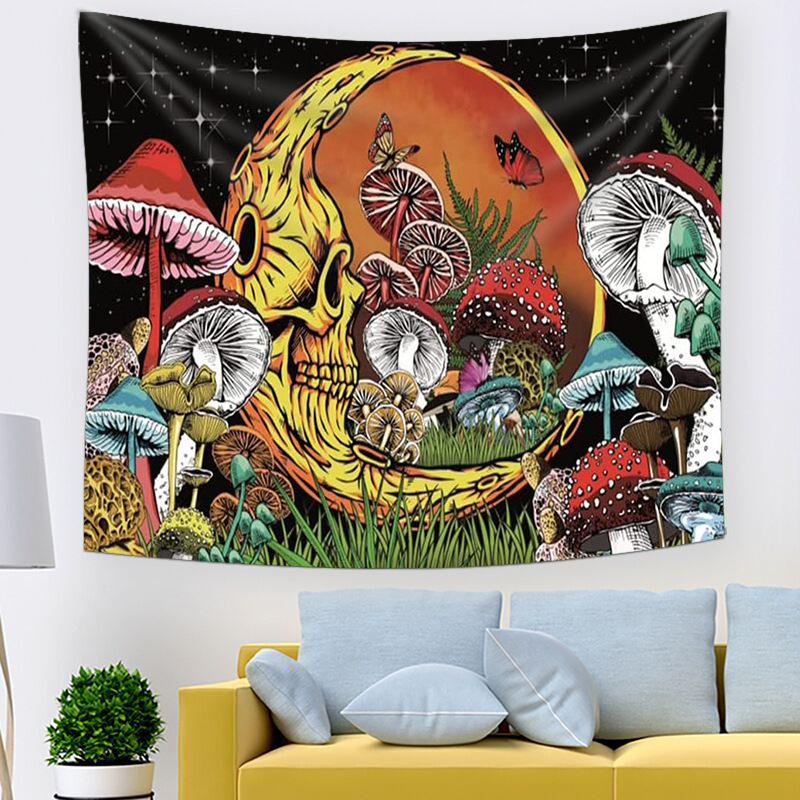 Skull & Mushroom Forest Tapestry, Gothic Moon Wall Hanging Decor - Image 2