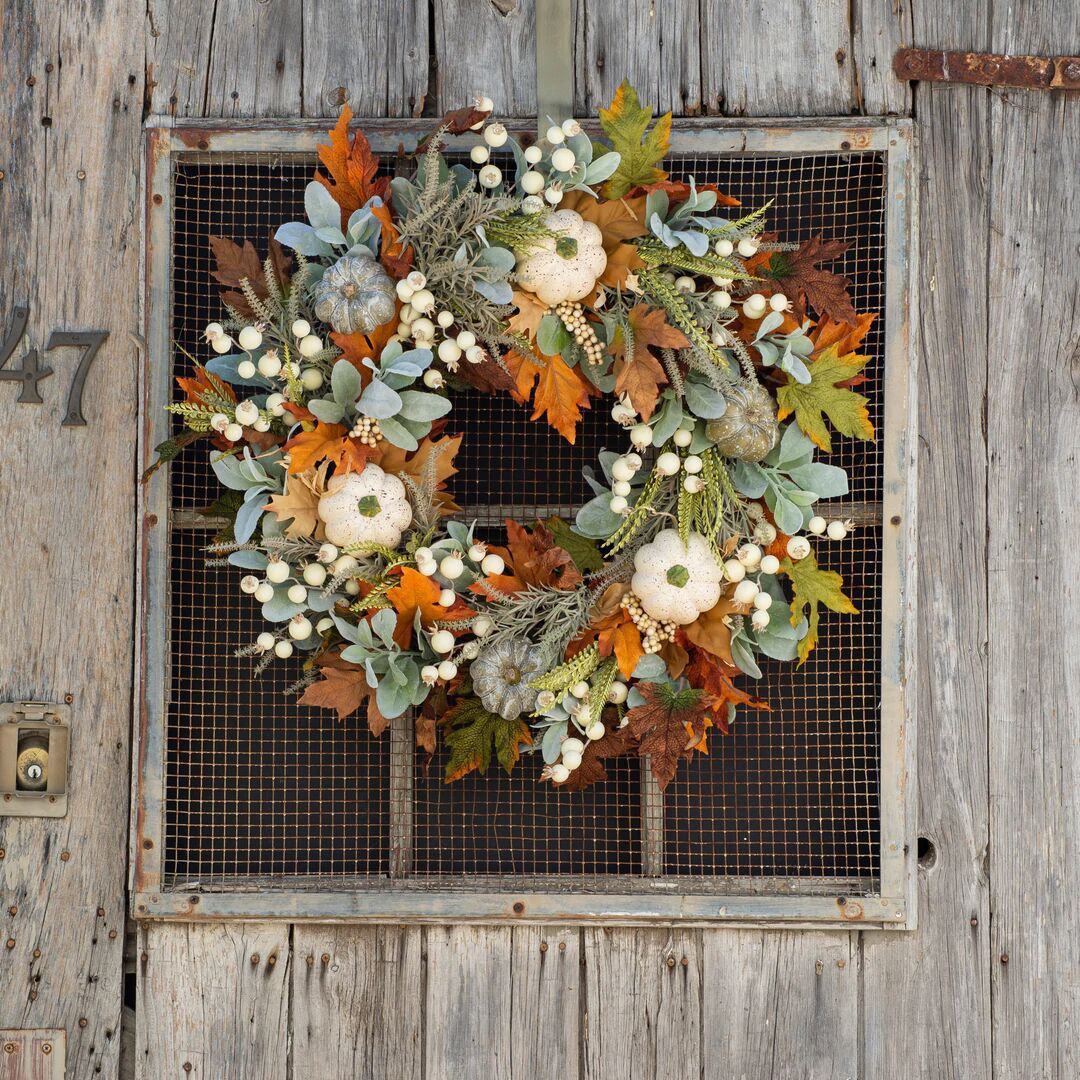 Fall Pumpkin Wreath, Autumn Leaf & Berry Front Door Decor - Image 2