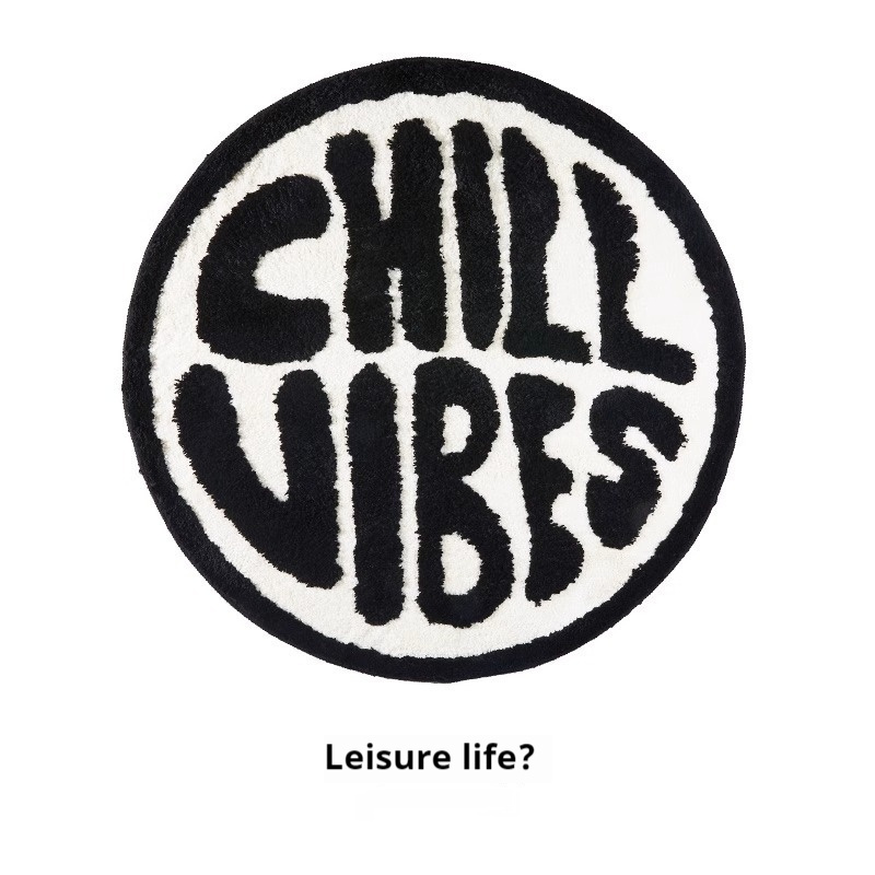 Round "Chill Vibes" Plush Accent Rug, Black and White Bedside Mat - Image 2