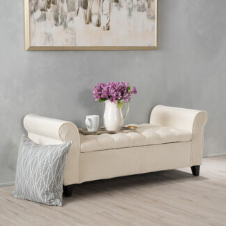 Tufted Fabric Storage Bench with Rolled Arms, Ivory