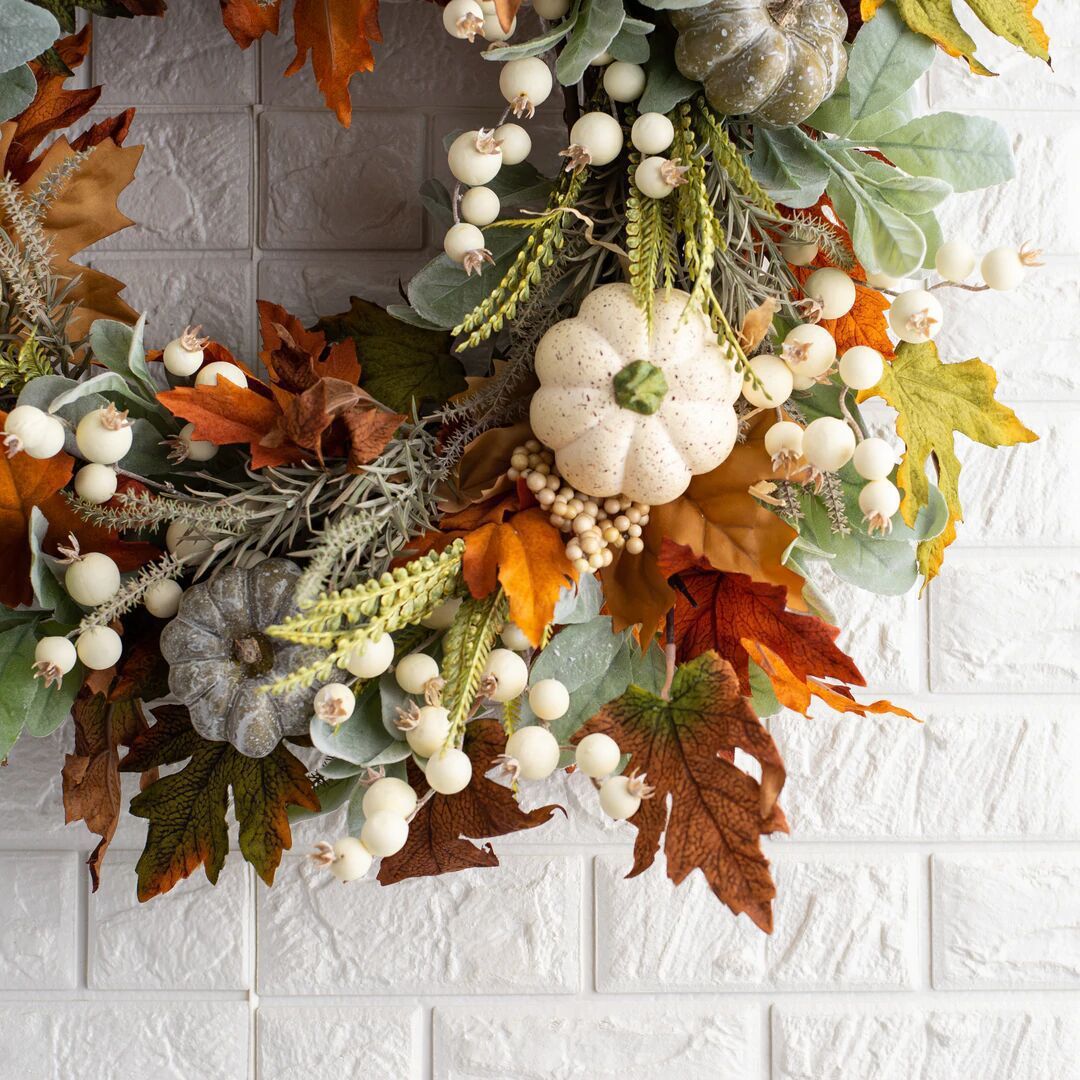 Fall Pumpkin Wreath, Autumn Leaf & Berry Front Door Decor - Image 3
