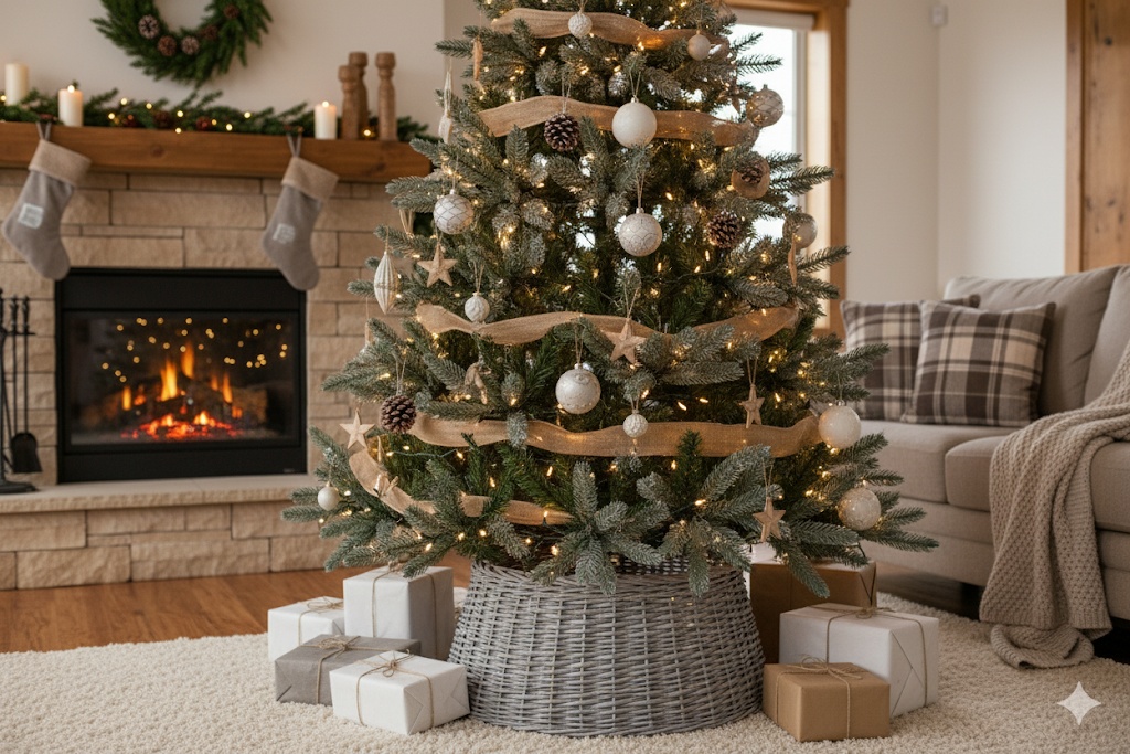 Rustic Woven Wicker Christmas Tree Collar Farmhouse Holiday Decor - Image 2