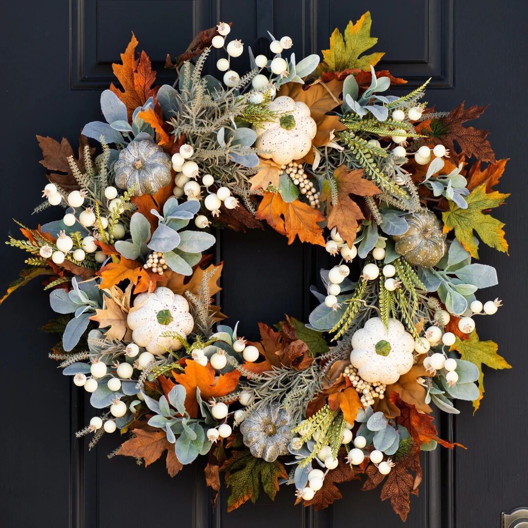 Fall Pumpkin Wreath, Autumn Leaf & Berry Front Door Decor - Image 5