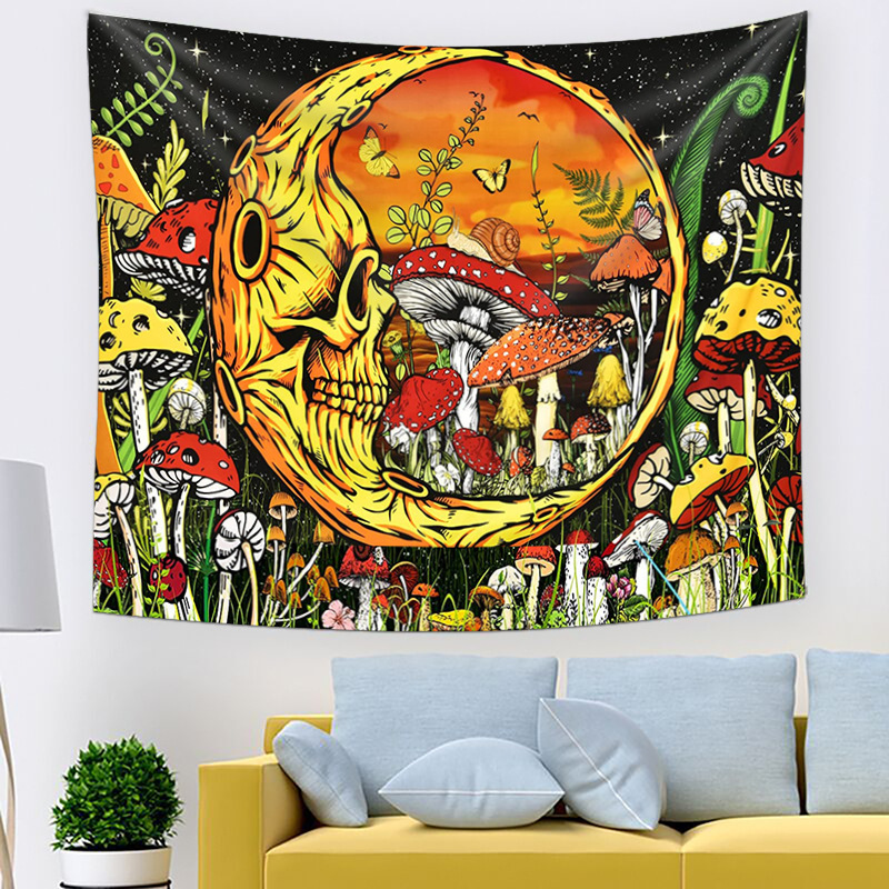 Skull & Mushroom Forest Tapestry, Gothic Moon Wall Hanging Decor - Image 3