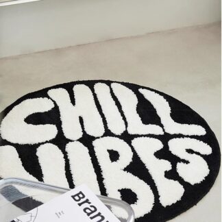 Round "Chill Vibes" Plush Accent Rug, Black and White Bedside Mat