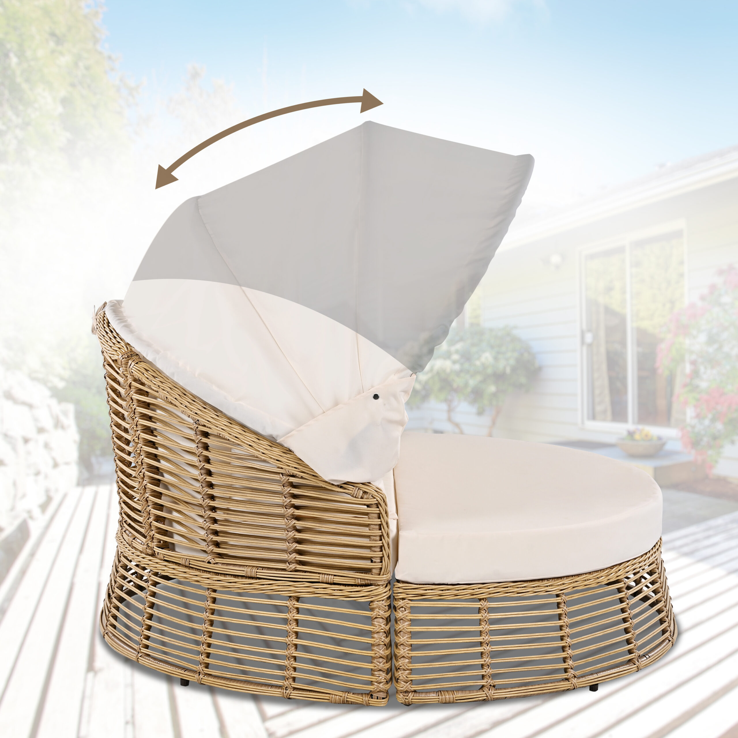 Round Rattan Patio Daybed with Retractable Canopy, Beige - Image 4