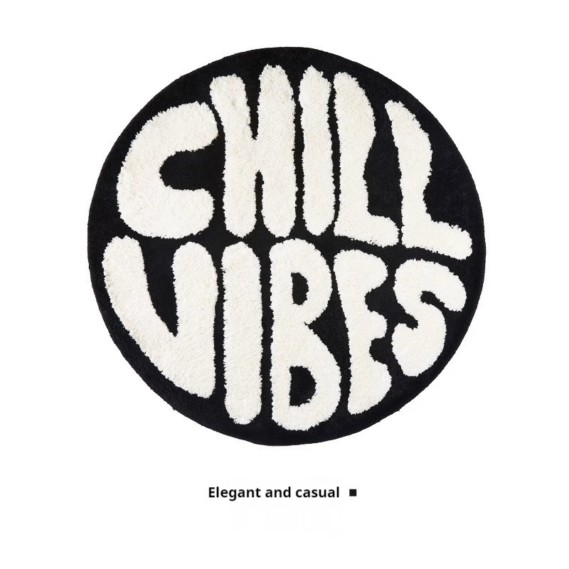Round "Chill Vibes" Plush Accent Rug, Black and White Bedside Mat - Image 6