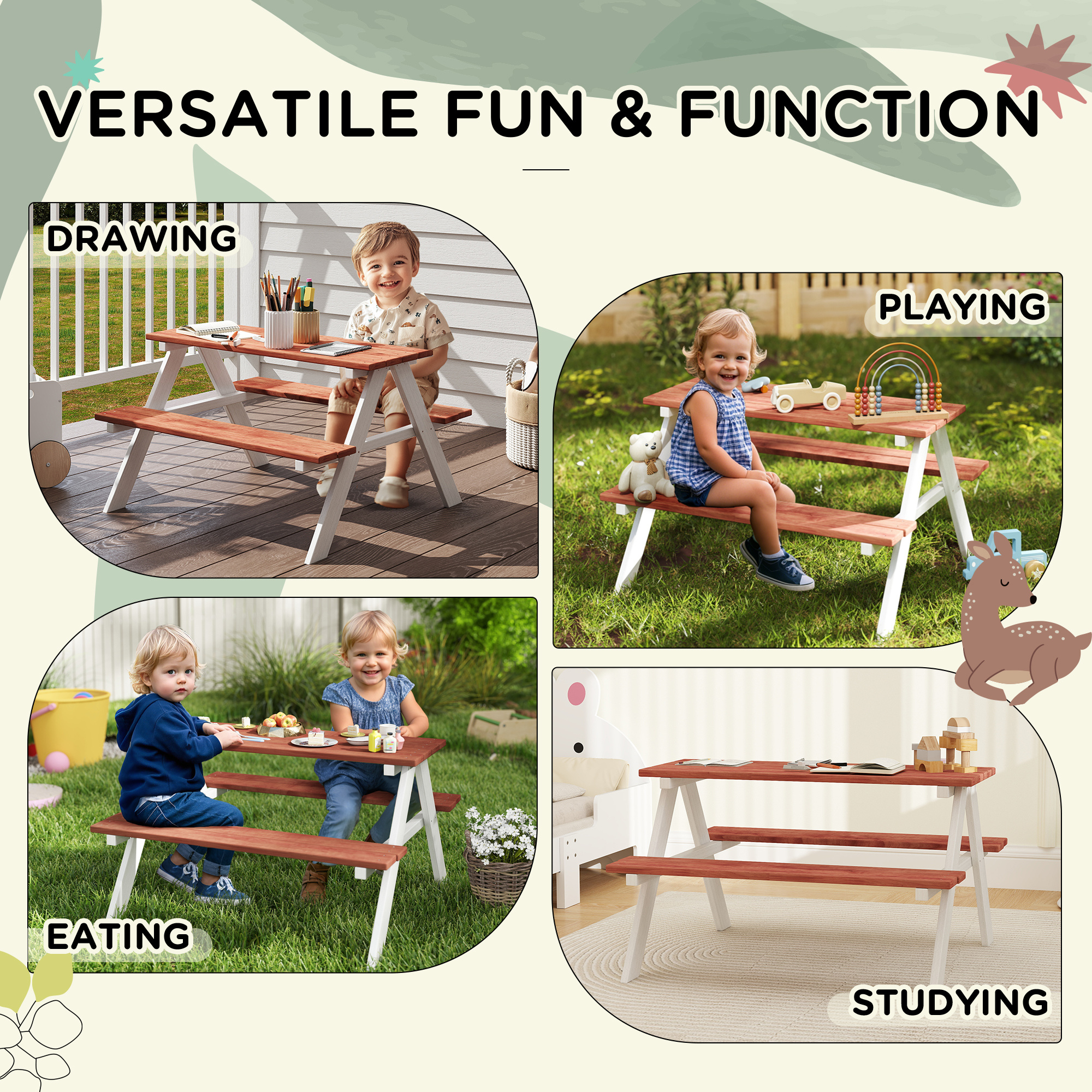 Kids Picnic Table Set, Wooden Table & Bench Set, Kids Patio Furniture Outdoor Toys For Garden, Backyard, Aged 3-8 Years Old, Brown - Image 3