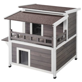 Outdoor Cat House, 2-Story Wooden Feral Cat Shelter with Balcony & Roof